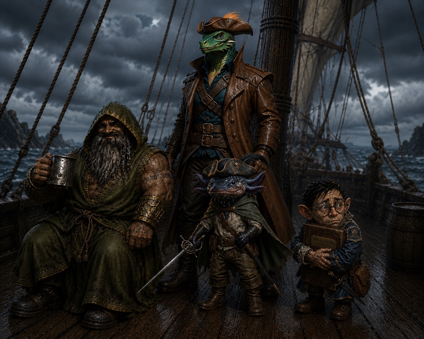 The party standing together on a stormy ship deck.